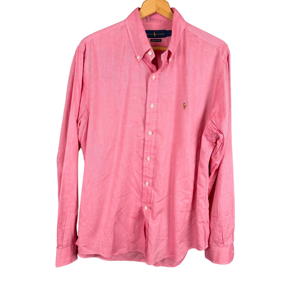 Polo Ralph Lauren Mens Pink Chambray Oxford Button Down Shirt Large L Classic